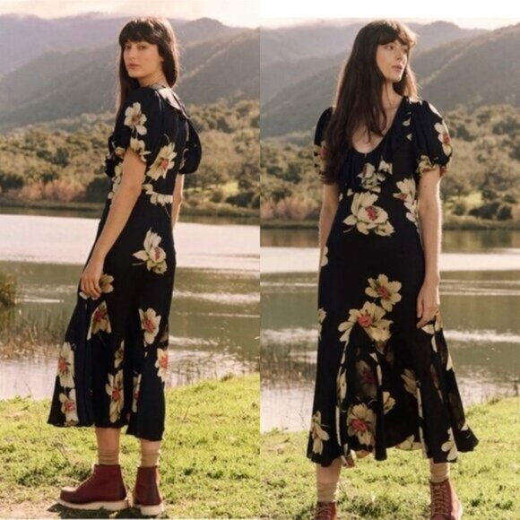 The Great Floral Medley Dress L 100% Viscose Midi Dress Boho Prairie Romantic - Picture 2 of 12